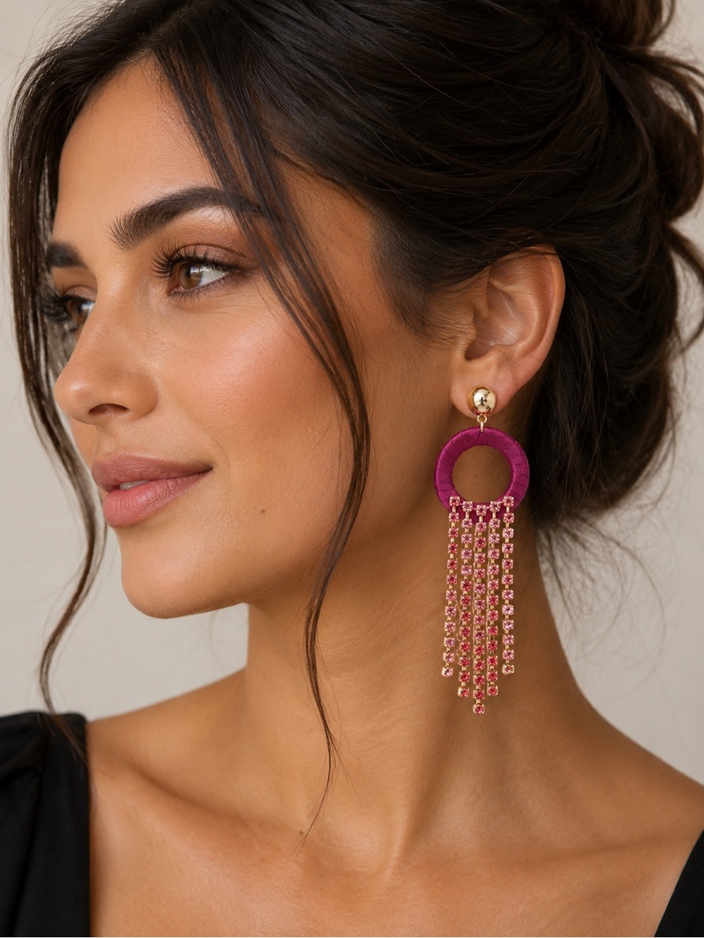 INC International Concepts Hot Pink and Gold Crystal Fringe Hoop Earrings